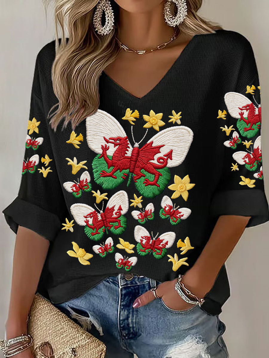 Women's Wales Welsh Rugby Lover Printed Waffle Tops