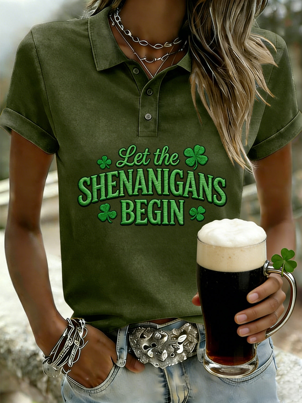 Women's Funny St. Patrick's Day Let The Shenanigans Begin Shamrock Print Casual Polo Shirt
