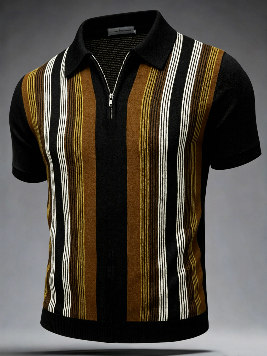 Men's Retro striped print zip up short sleeve
