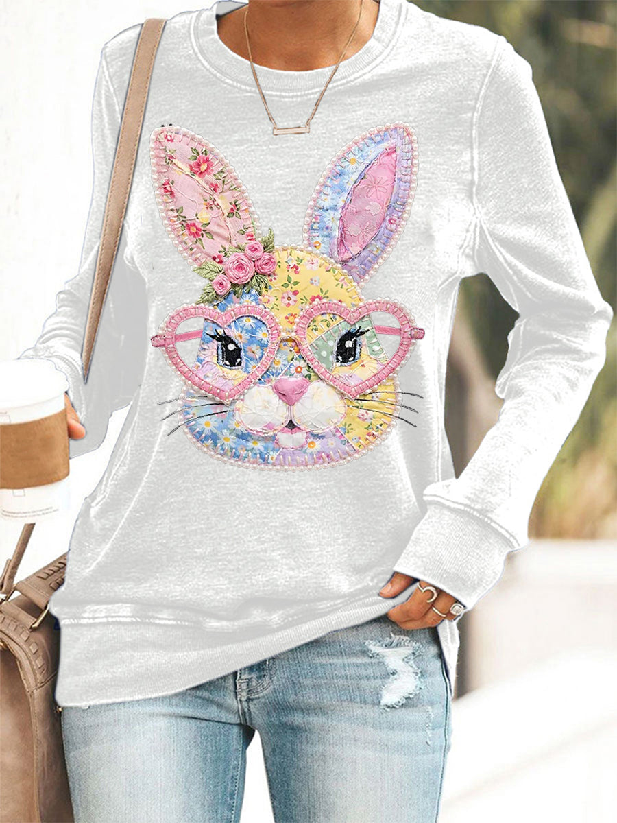 Women's Easter Floral Bunny Patchwork Print Casual Sweatshirt