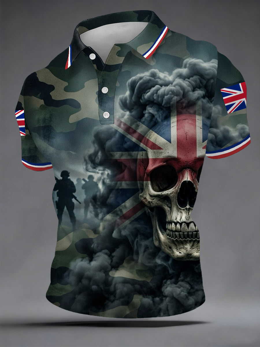 Men's British Veteran Silhouette Skull Camouflage Print Casual Polo